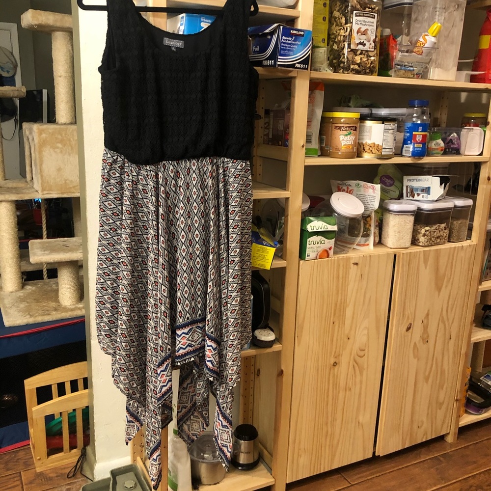 Crochet and patterned asymmetrical dress